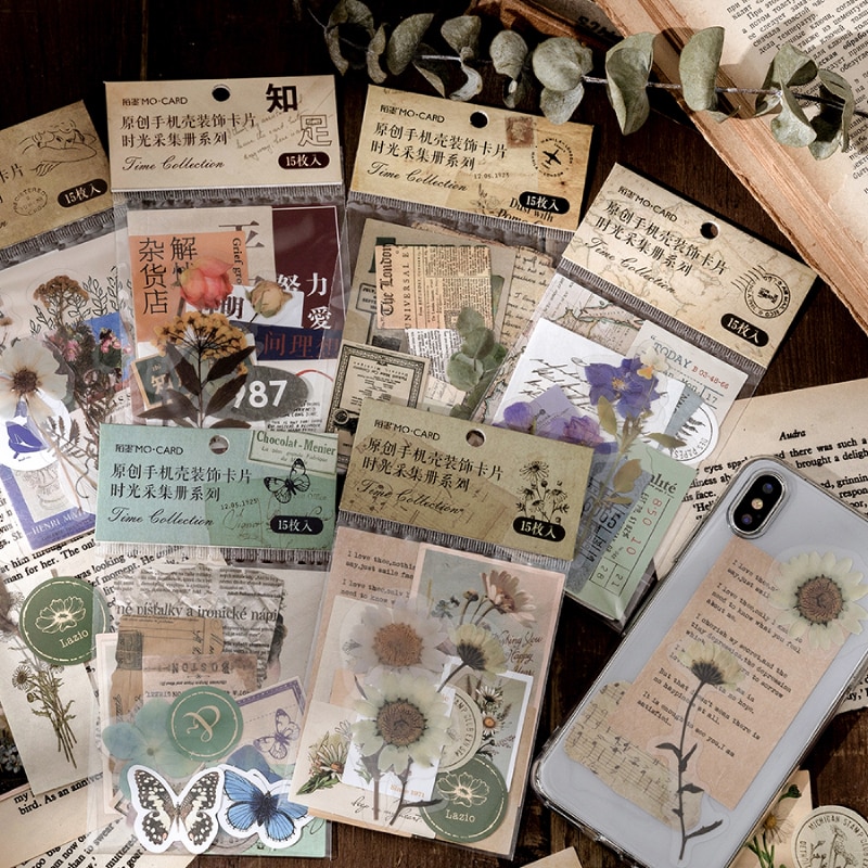15pcs Vintage Cards for Phone Deco Retro Stationery Supplies Plant Paper Bullet Journaling Label Scrapbooking Material