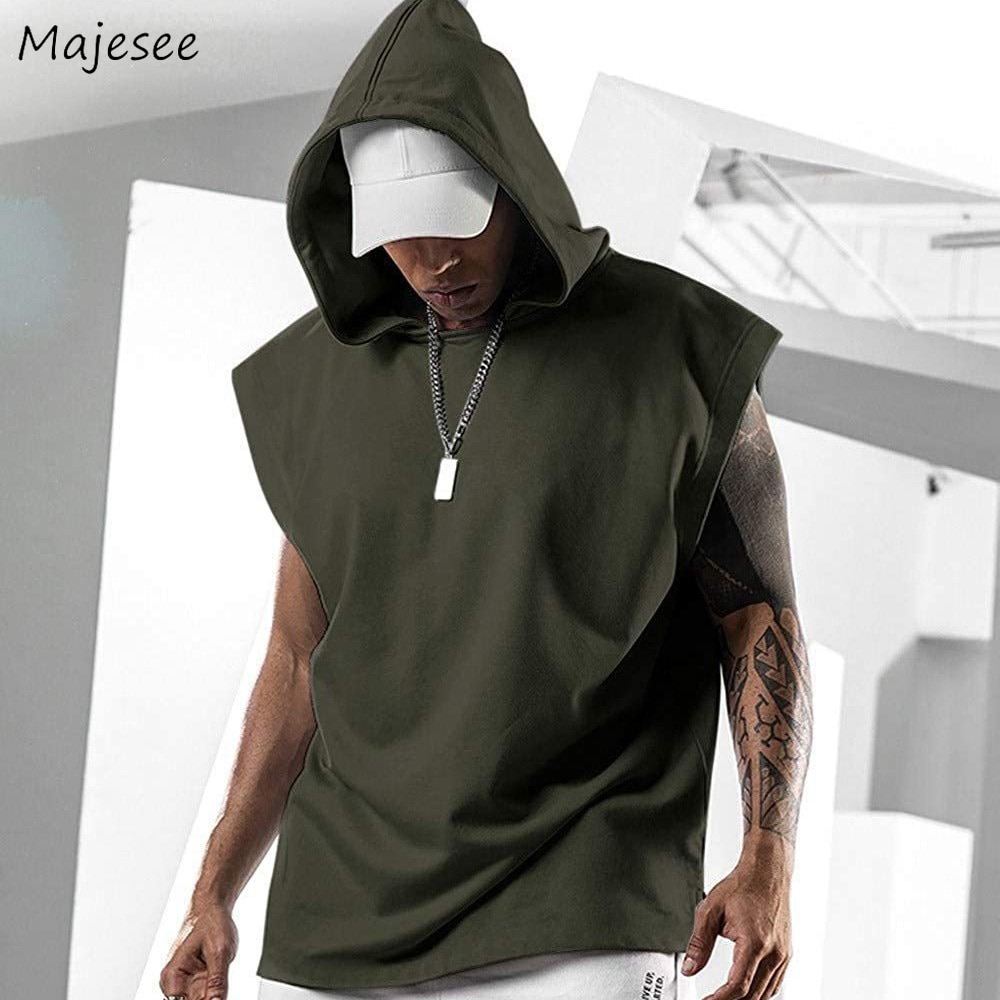 Men Tank Tops Summer Hooded Sleeveless Loose Fashion Solid Handsome Muscle Workout Singlets Male Breathable Bodybuilding Ulzzang