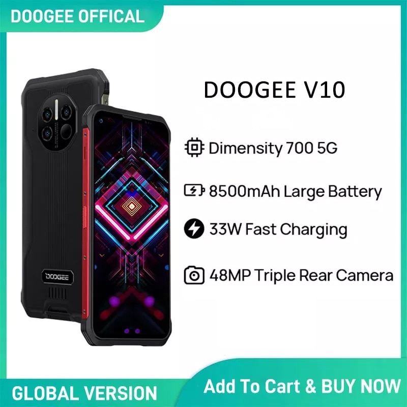 DOOGEE V10 Dual 5G Global Version Rugged Phone 8500mAh Battery 48MP Rear Camera 6.39"DotDisplay 33W Fast Charging SmartPhon