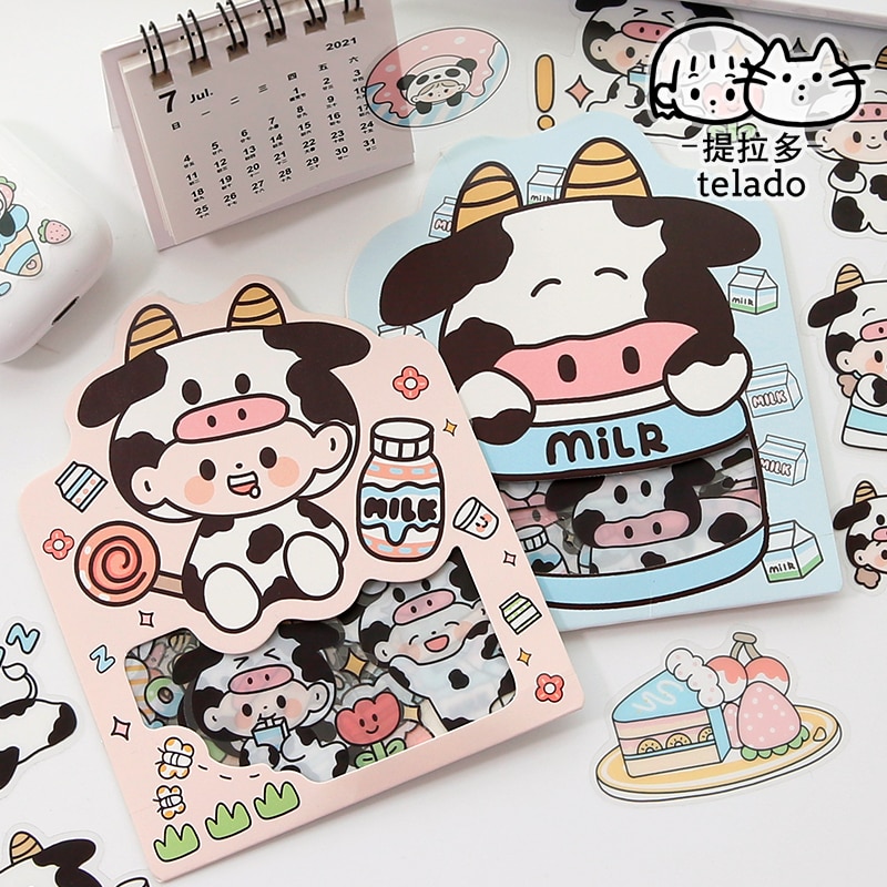 PET Waterproof Lovely Cows Panda Cartoon Stationery Stickers for Scrapbooking Water Bottles DIY Decals Decorative Album