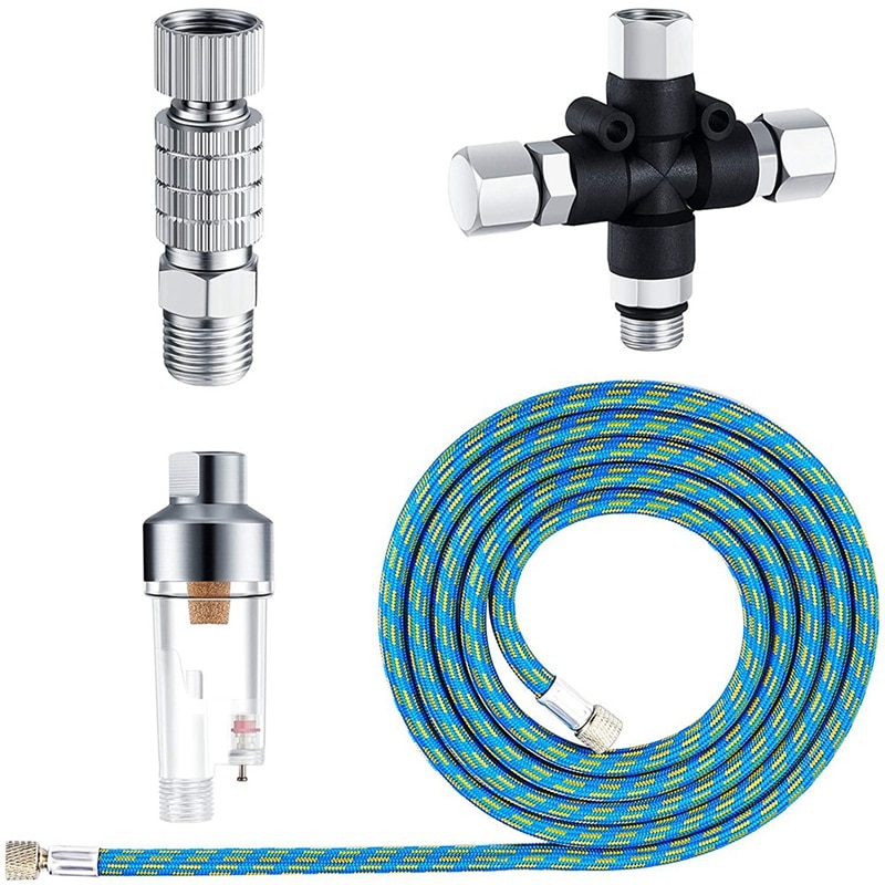 4Pcs Airbrush Adapter Set, 6 Ft Braided Air Hose, 3 Way Airbrush Air Hose Splitter Manifold Airflow Adjustment Coupler