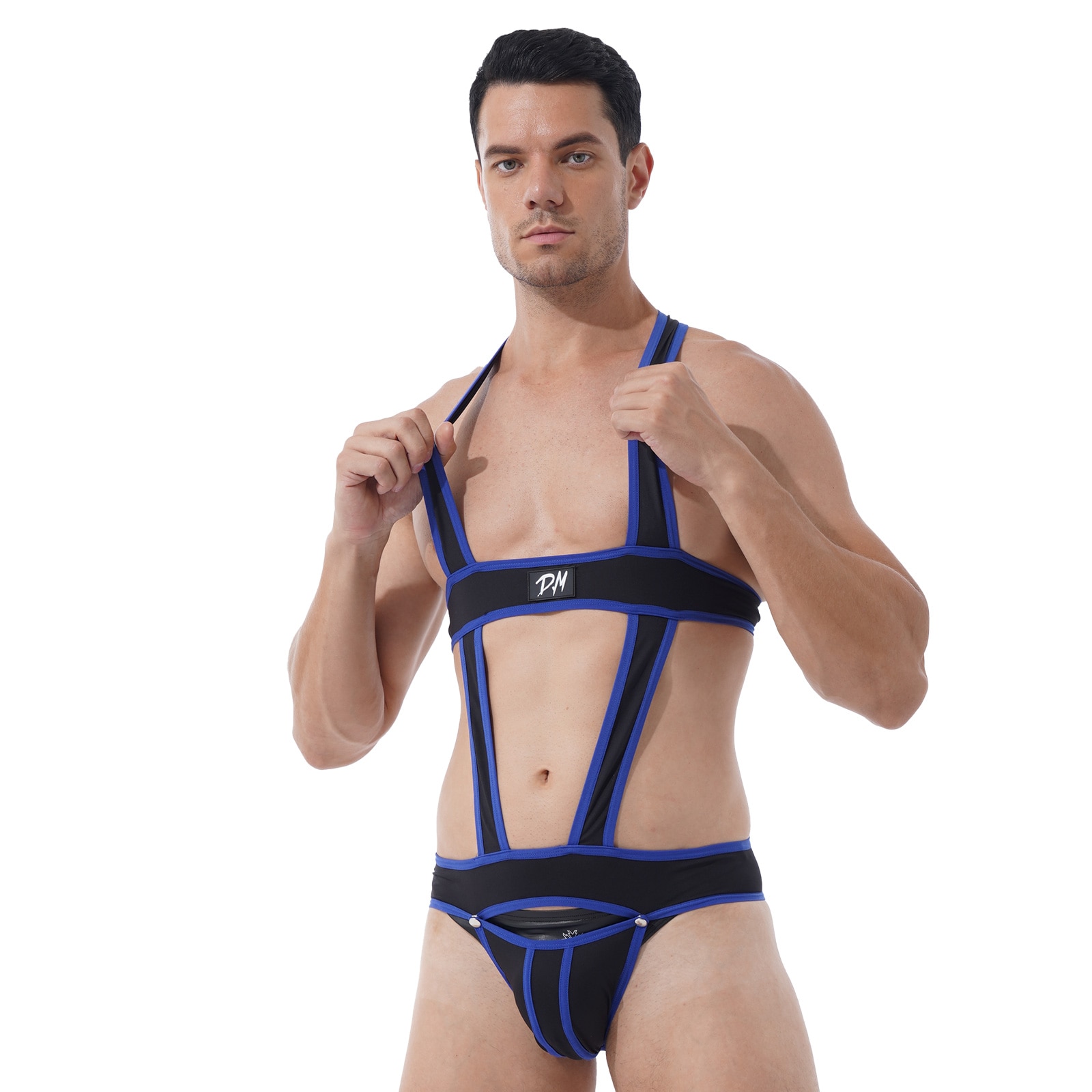 Plus Size Sleepwear Men Homewear Sport Fit Hollow Out Jockstrap Leotard Wrestling Singlet Contrast Color Bulge Pouch Bodysuit