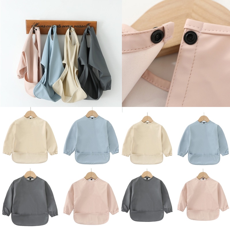 Baby Long Sleeve Bib Toddler PU Waterproof Smock with Pocket Infant Feeding Apron Solid Color Burp Cloth