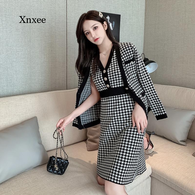 New Autumn and Winter Knitting 2-Piece Women's Single-Breasted Cardigan Jacket Warm Sweater Jacket + Knitted Vest Dress