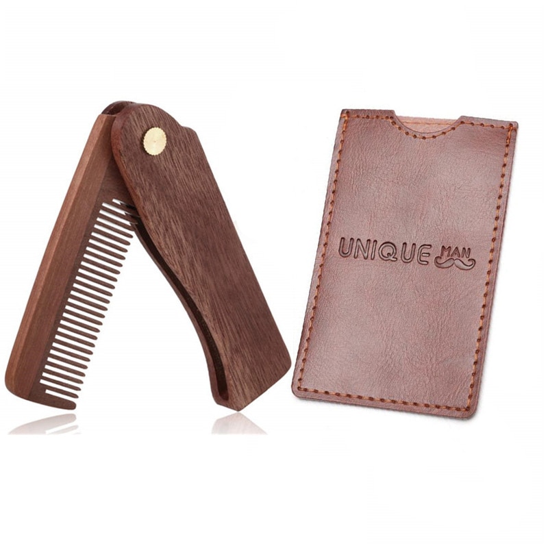 Men's Pocket Comb Folding Wooden Beard Comb with Leather Case Sandalwood Hair Combs Set for Men Perfect For Use With Beard 
