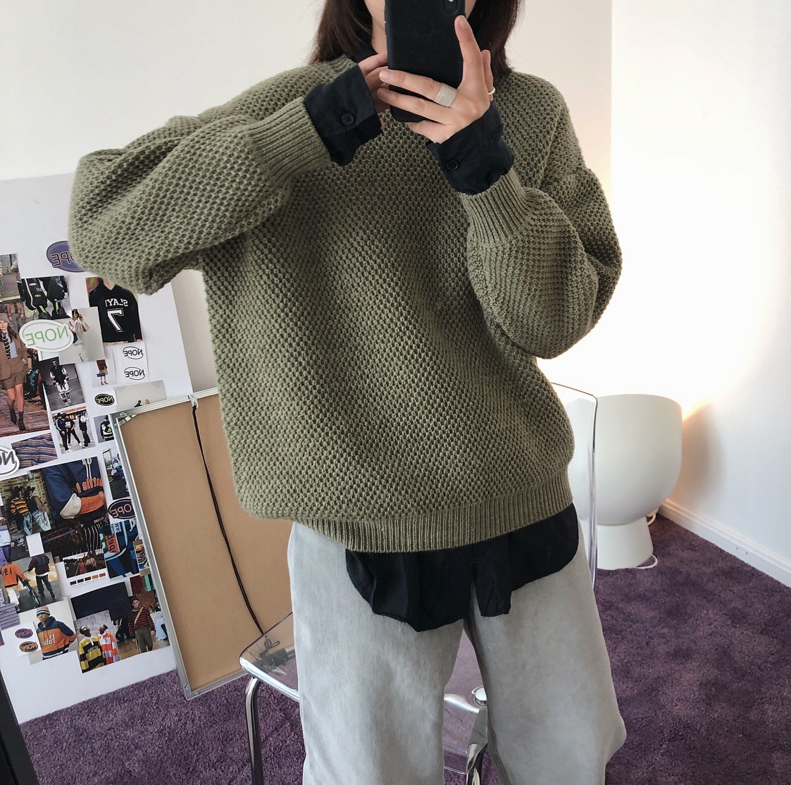 2020 ladies new solid color round neck knitted long sleeve sweater gray