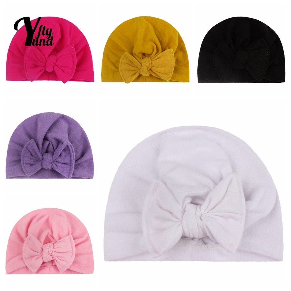 Yundfly Solid Color Handmade Bowknot Baby Girls Turban Hat Fashion Soft Newborn Beanie Caps Infant Headwear Clothing Decoration