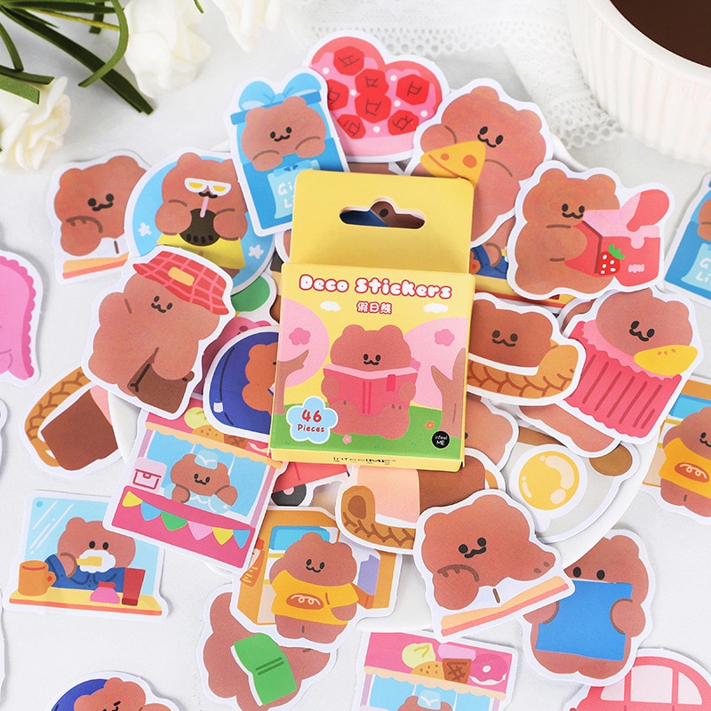 46 PCS Self-adhesive Paper Cute Cartoon Cat Bear Decorative Stickers for Scrapbooking Planners Diary Notebooks Album Journal