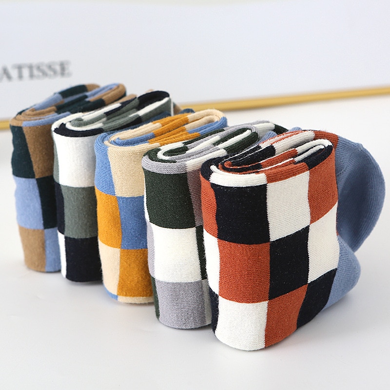 5 Pairs Colorful Argyle Pattern Cotton Men Crew Dress Socks Pack Novelty Quality Designer Harajuku Gifts for Men Husband Happy