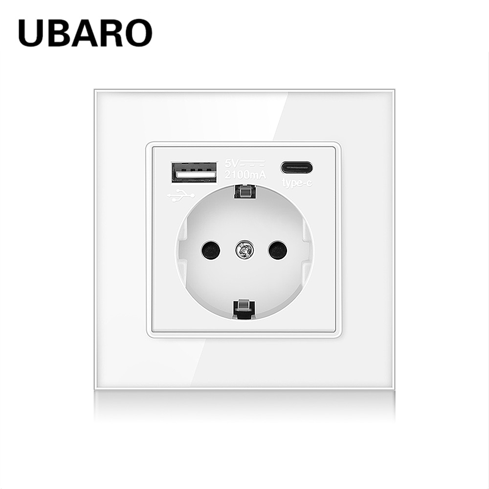 UBARO Eu DE RU Standard Tempered Glass Panel Wall Socket With Usb 5V 2100mA Type C Power Plug Electrical Outlet AC110-250V 16A