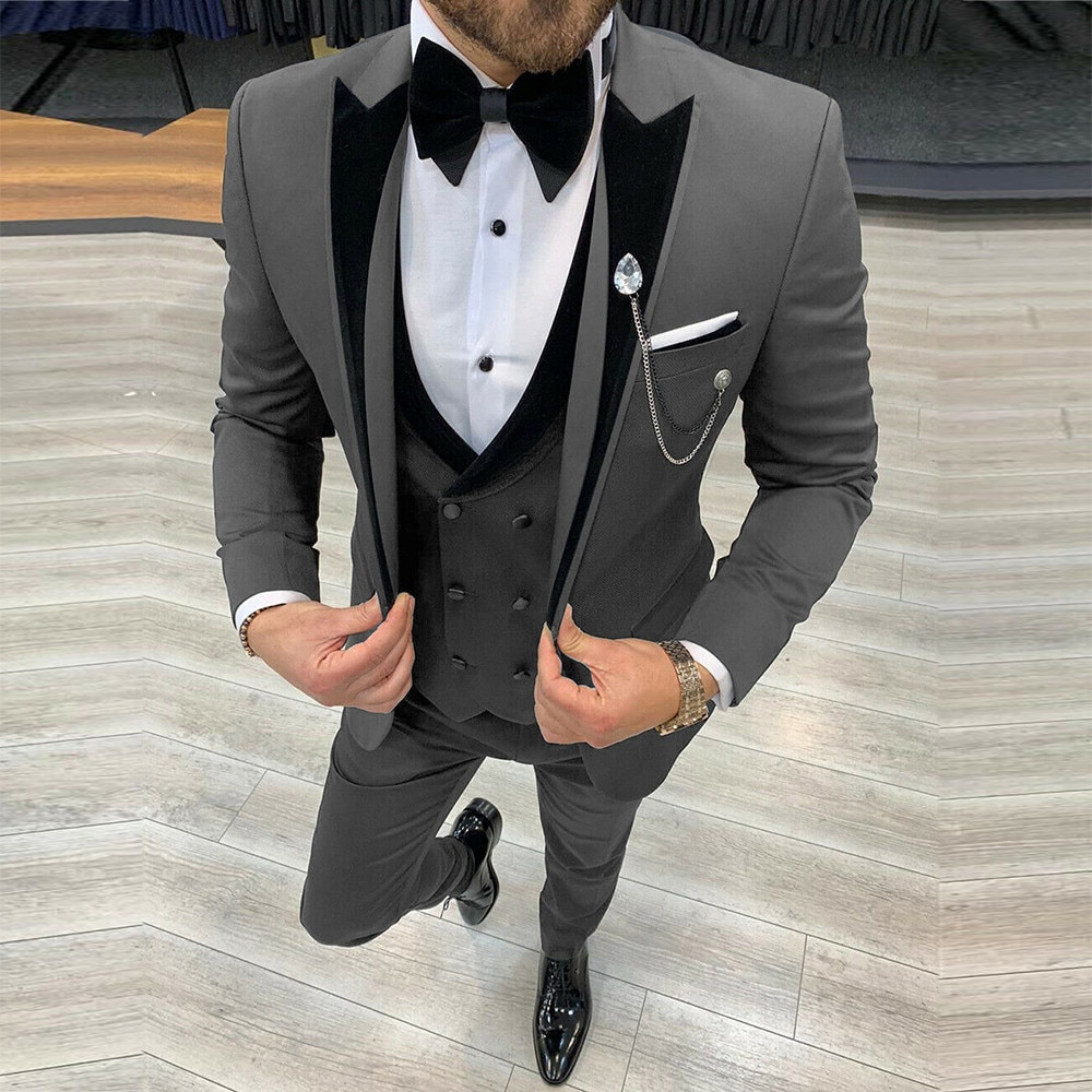 Spring/Autumn Black Wedding Blazers Masculino Peaked Lapel Grey Formal Groom Wear Tuxedos 3 Pieces Set Traje Hombre Terno 2021