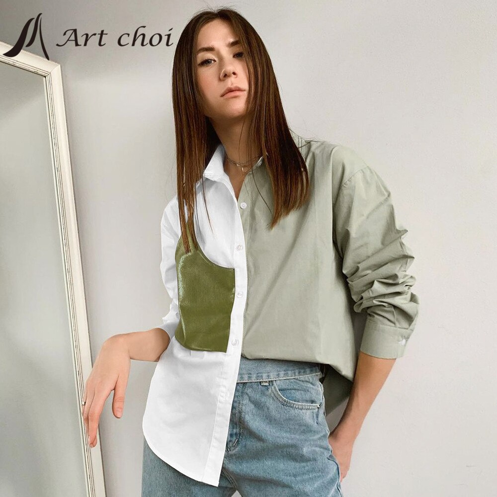 2022 Spring Autumn Elegant Blouse Casual Shirt Women PU Leather Patchwork Tops Design Loose Office Ladies Design Shirts Green