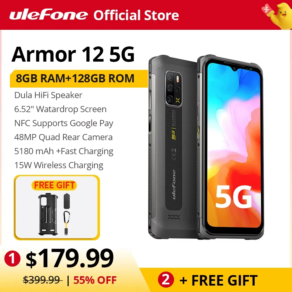 Ulefone Armor 12 5G Rugged Phone Android 11 8GB+128GB Global Version 6.52“ Waterproof Smartphone 5180 mAh Wireless Charging NFC