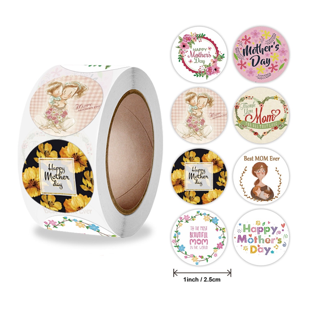 100-500pcs Happy Mothers Day Gifts Label Sticker Kraft Round Shape Sticker Sweet Floral Designs for Mom Gifts Wrap Label Tags
