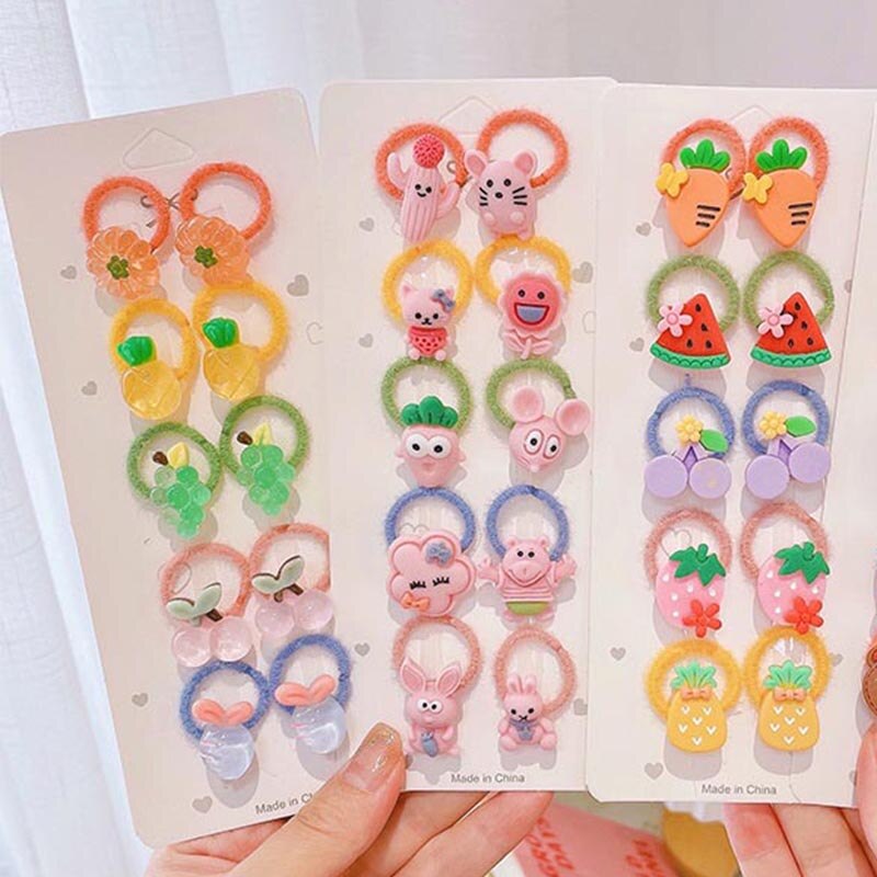 10Pcs Cartoon Animal Fruit Hair Band Children Girls Kids Elastic Hair Rubber Bands Accessories Tie Hair Ring Rope Headdress