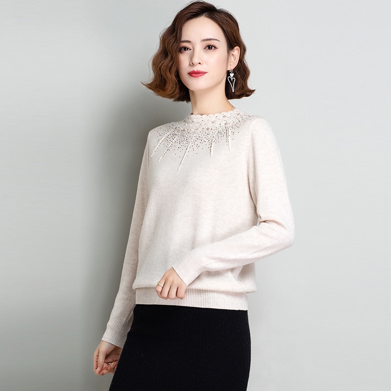 2021 new fashion T-shirt Spring and Autumn Womens Solid Color Turtleneck Ruffled Long Sleeve Knit Top Pullover