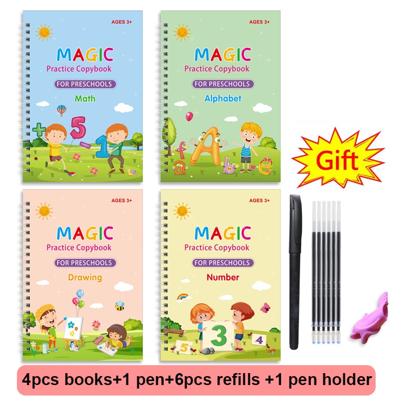 4 Books Magic Practice Book Reusable Free Wiping Children's Toy Writing Sticker English Copybook For Calligraphy Montessori