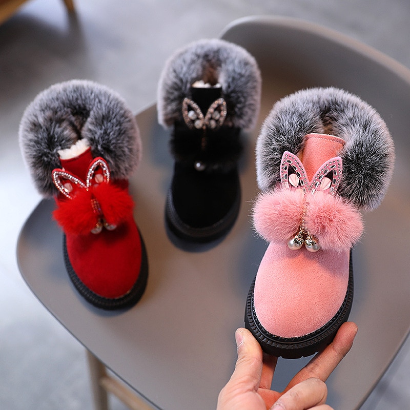 2021 Cute Cozy Furry Kids Snow Boots Winter Baby Children Fur Shoes Girls Lovely Kids Girl Bunny Shoes Baby Rabbit Shoes E08042