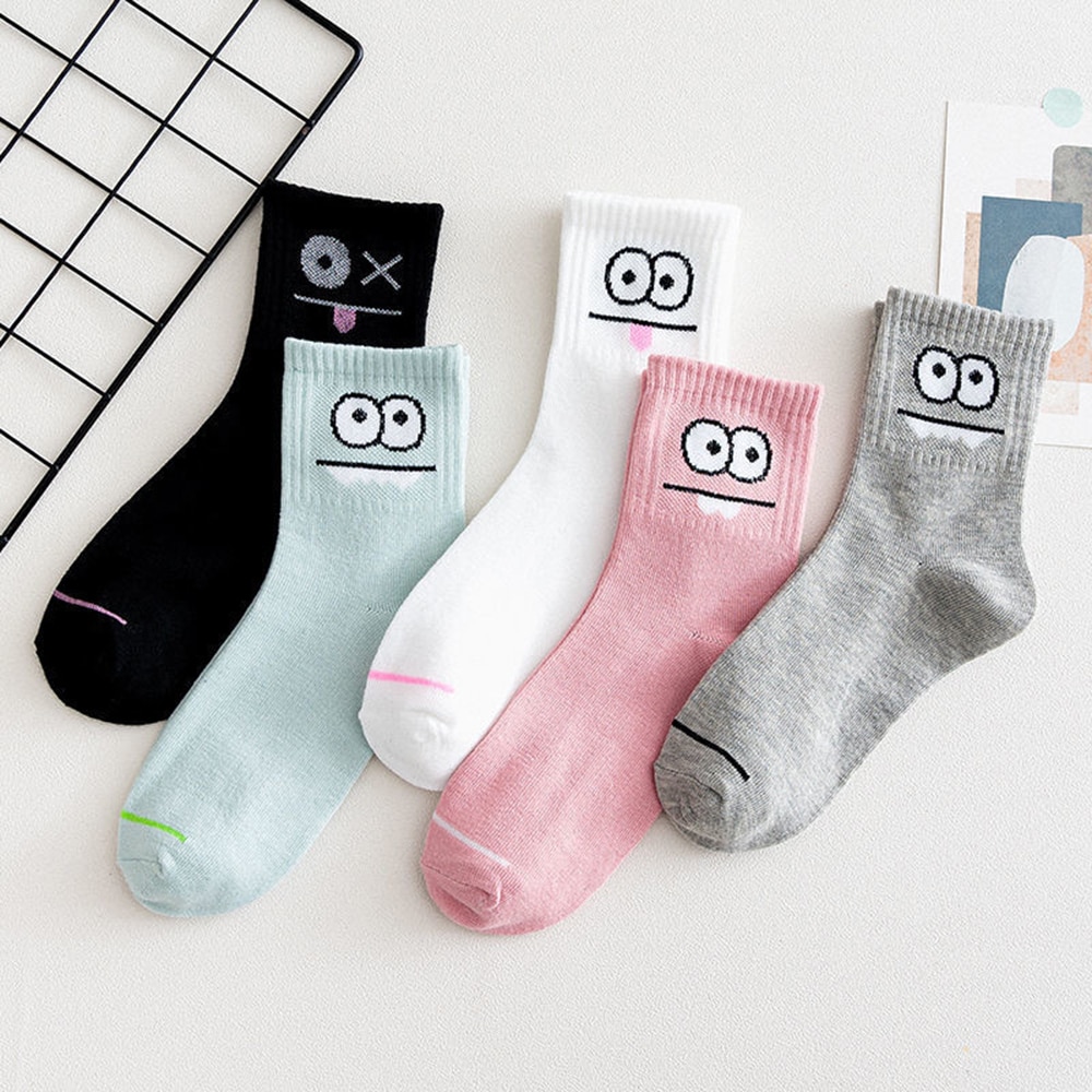 5 Pairs Women Girls Kawaii Long Socks Set Cute Cartoon Fun Expression White Fruit Strawberry Avocado Cow Print Socks Japan Style