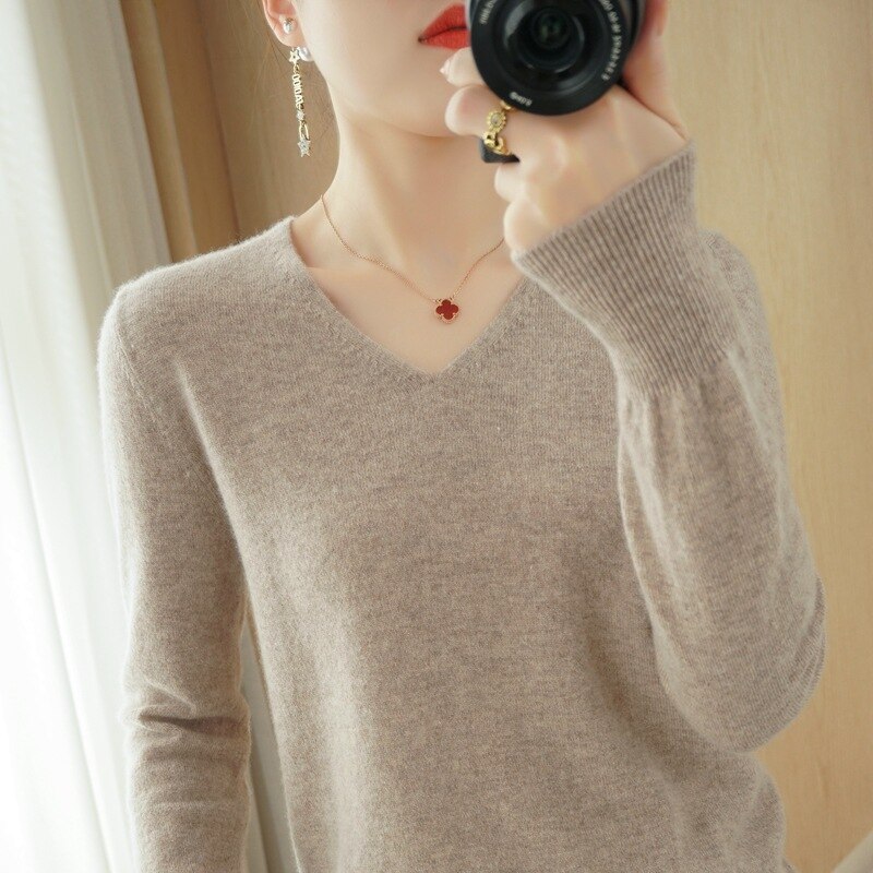 Women's 2021 Spring V-neck Sweater, Women's Pullover Bottoming Shirt, Solid Color Long-sleeved Sweater, Women's S