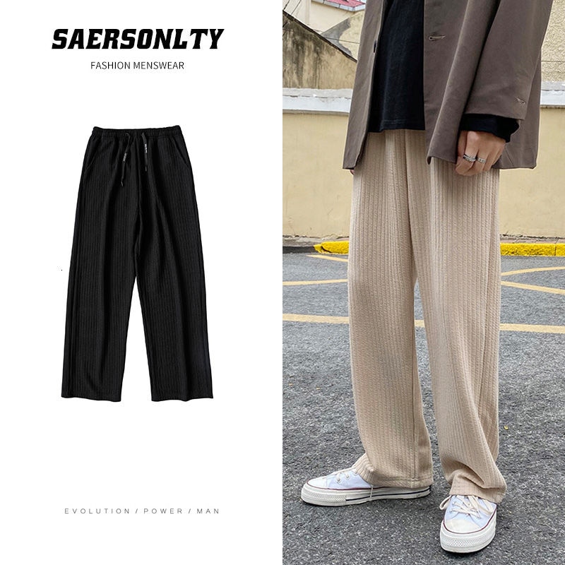 Autumn Winter Sweater Pants Men's Fashion Retro Casual Knitted Pleated Pants Men Streetwear Loose Straight Wide leg Pants M