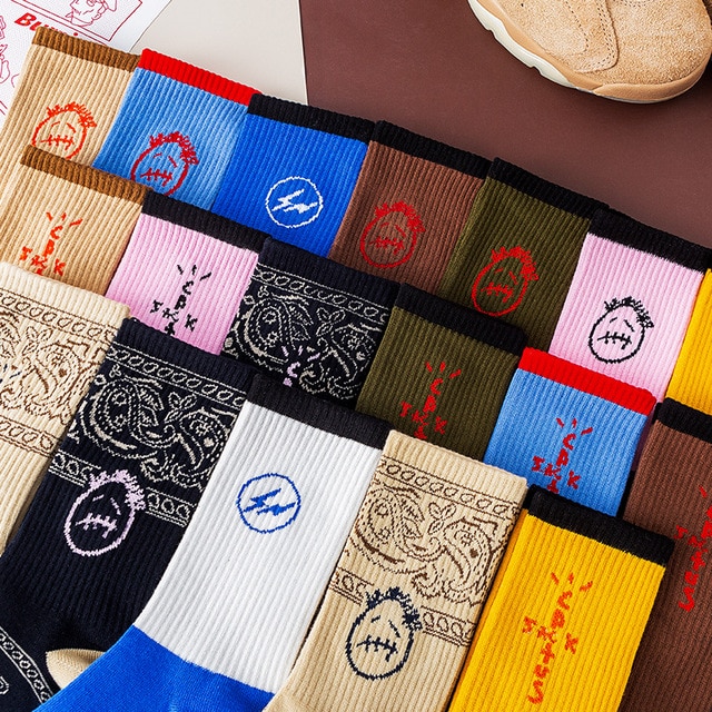 Dropship Training Travis Scott Bandanna Paisley Cacti Cactus Man Socks Happy Grimace Funny Wry Face Street Fashion Skateboard TS