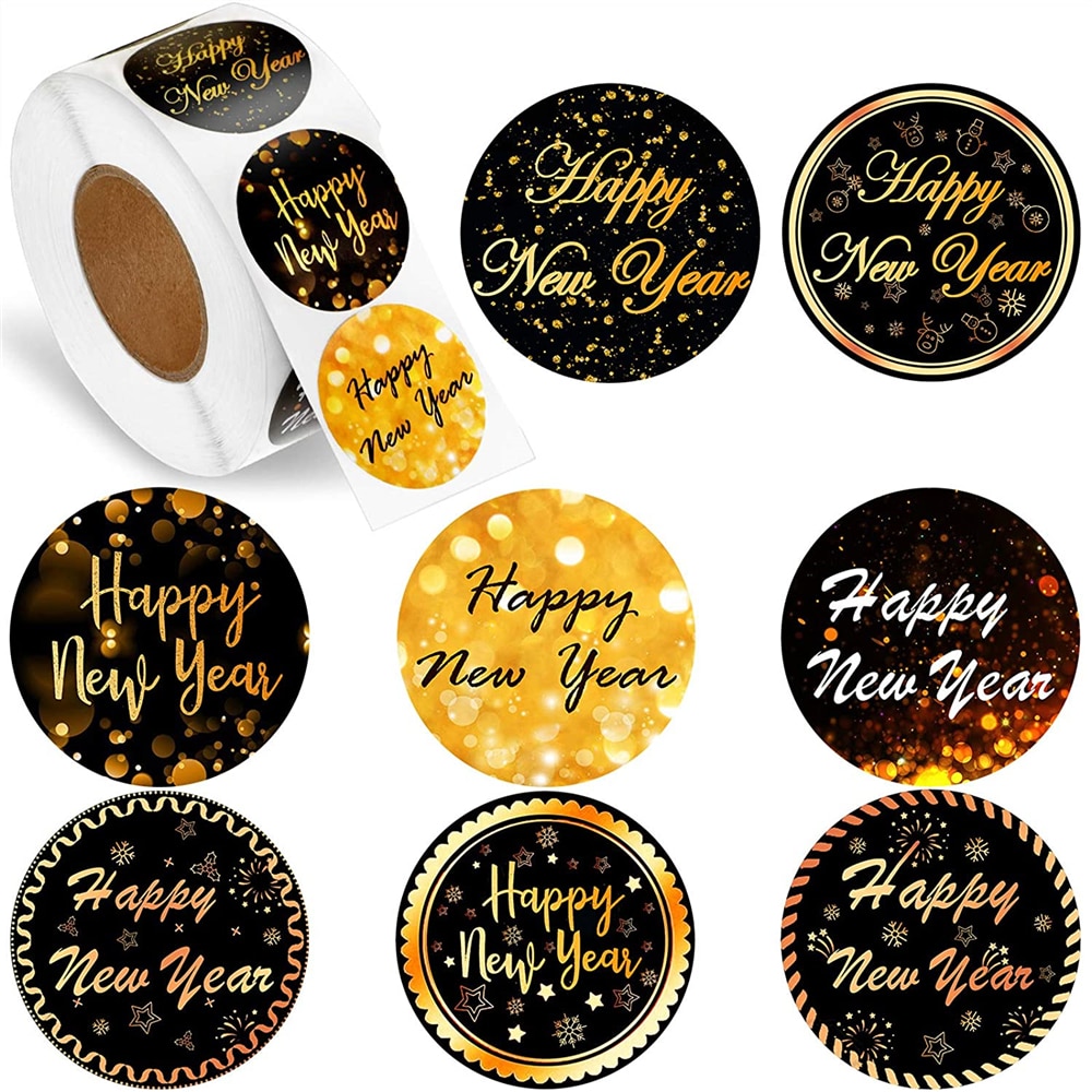 500Pcs Happy New Year Stickers Black Gold New Year Labels Glitter Tags for Holiday Party Envelope Decoration Stationery Stickers