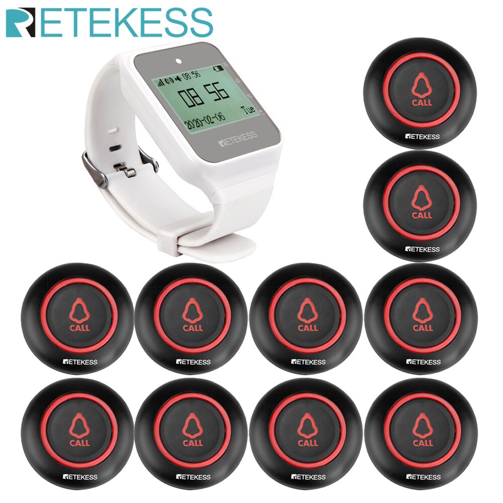 RETEKESS Wireless Waiter Calling System Restaurant Pager TD108 Watch Receiver + 10 TD019 Button For Hookah Cafe Bar Hotel Club