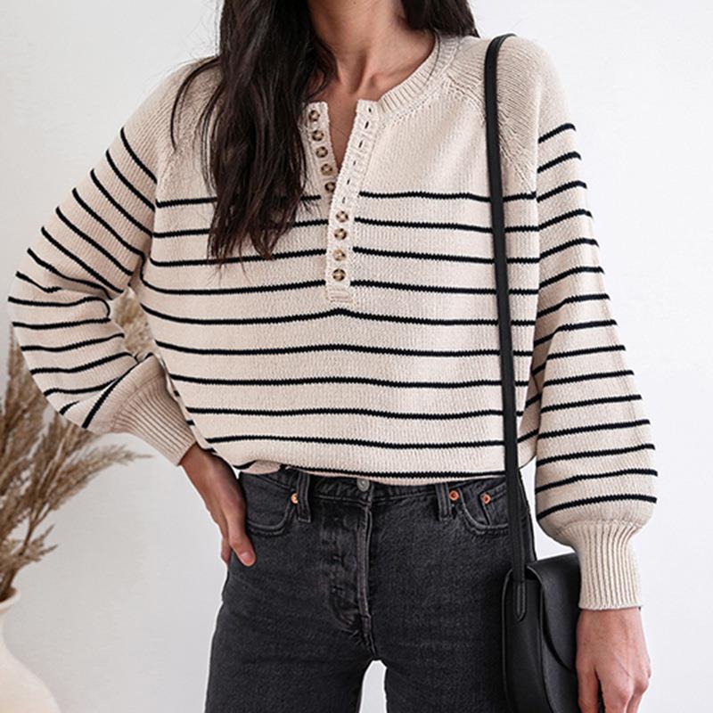 Autumn and Winter Casual Loose Striped Sweater Women Round Neck Single-breasted Long Sleeve Knitted Sweater Pullover Women Tops