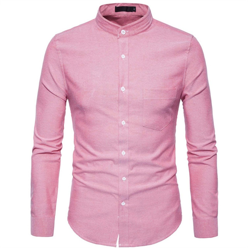 Men's Stand Collar Long Sleeve Shirt Customized T-shirt Office Casual Slim Oxford Cloth Pocket Black Shirt 2021