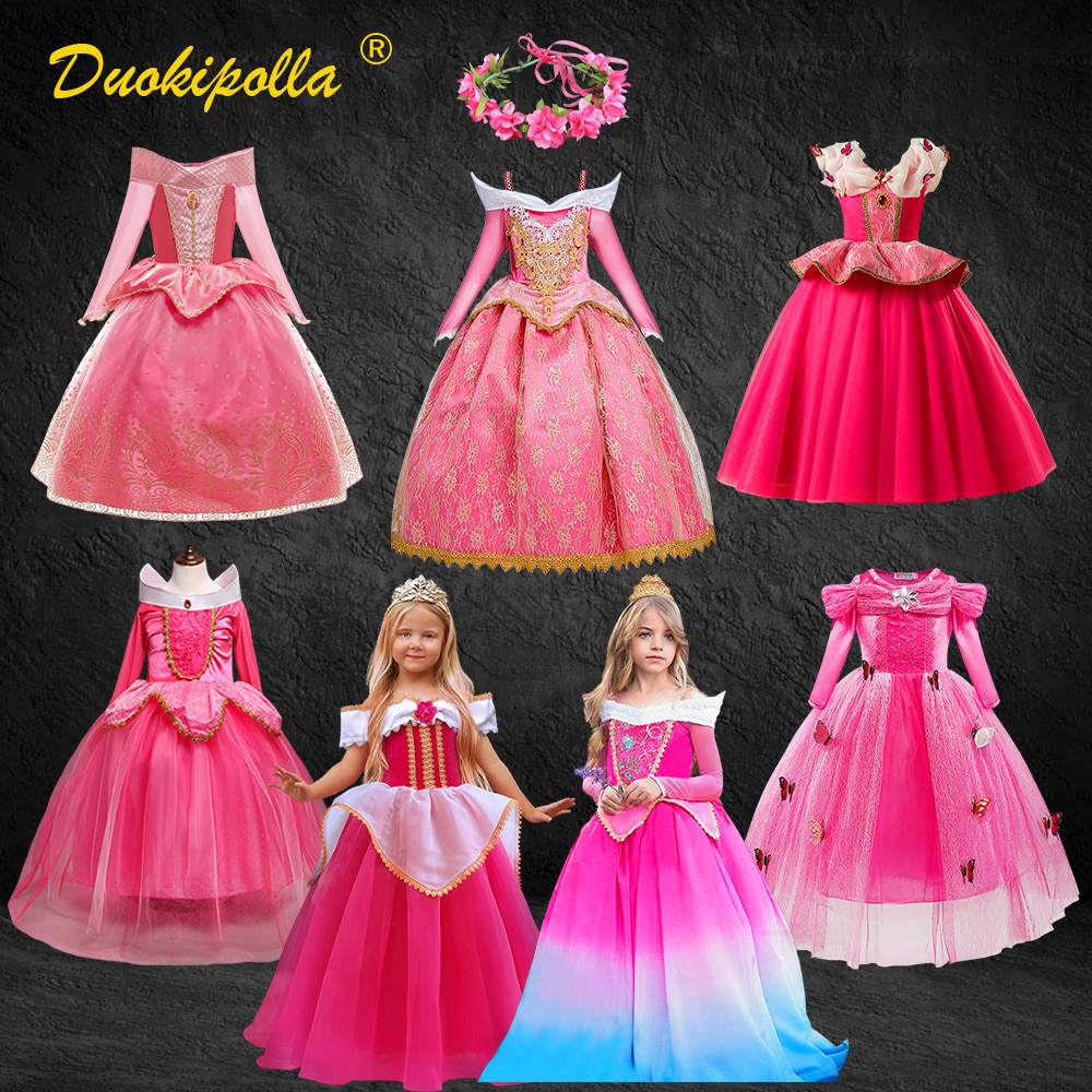 Girls Aurora Dress Halloween Carnival Sleeping Beauty Costume Children Princess Dress Up Kids Party Pink Lace Shoulderless Gown