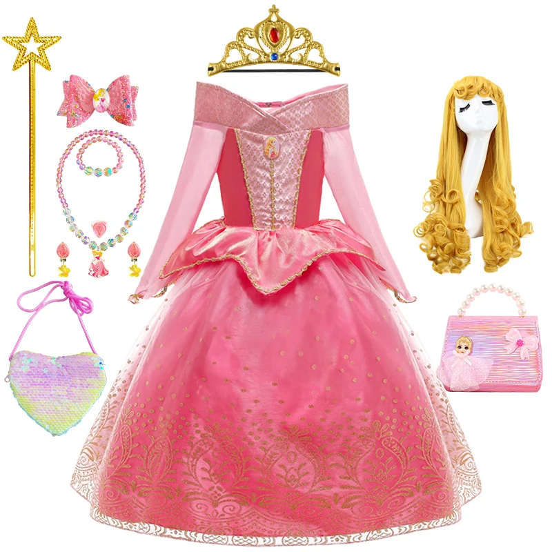 New Girls Princess Aurora Dress Halloween Masquerade Sleeping Beauty Role Play Costume Wedding Party Toddler Pink Ruffle Dresses