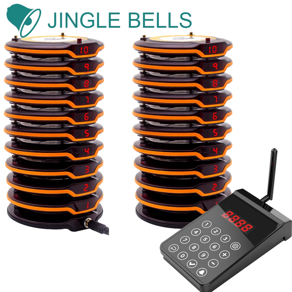JINGLE BELLS Wireless Coaster Buzzers Paging System 1 Keyboard 20 Pagers 2 Charger Calling Queueing for Restaurant Cafe Church