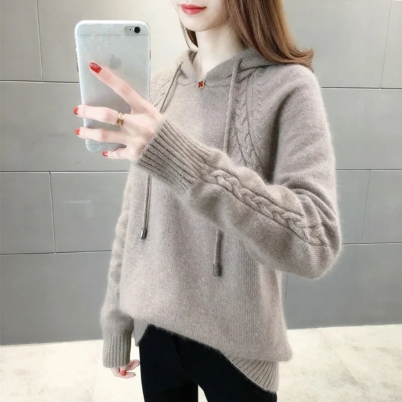 Casual Hooded Sweater Women New Autumn Winter Korean Loose Long Sleeve Tops Solid Knitwear Pullover Female Red Khaki Clothing