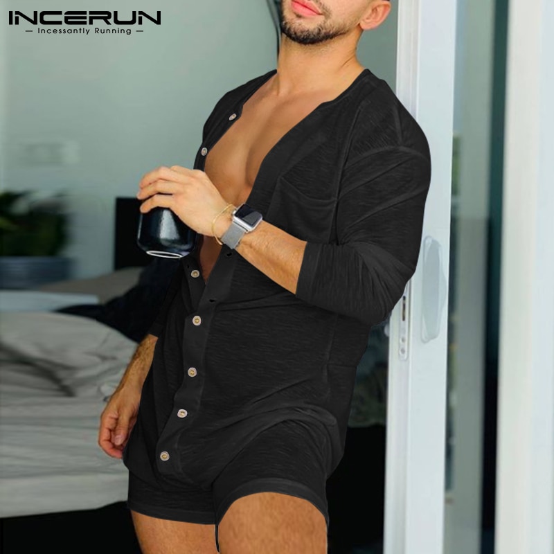 Men Pajamas Rompers Solid Color Homewear O Neck Long Sleeve Button Jumpsuits Cozy Breathable Men Thin Playsuit Nightwear INCERUN