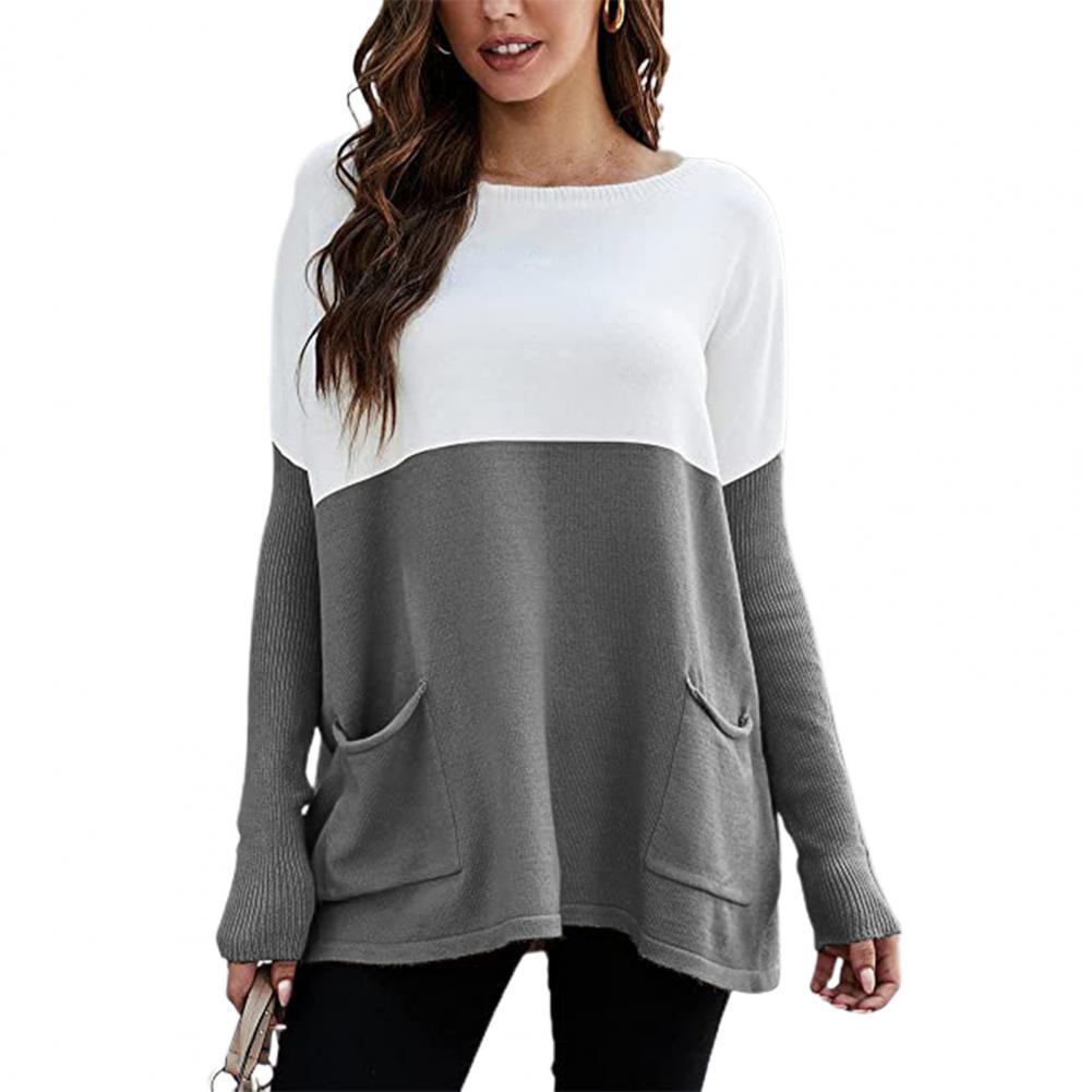 50% Dropshipping!!Women Sweater Contrast Color Knitted Autumn O Neck Long Sleeve Pockets Sweater Streetwear