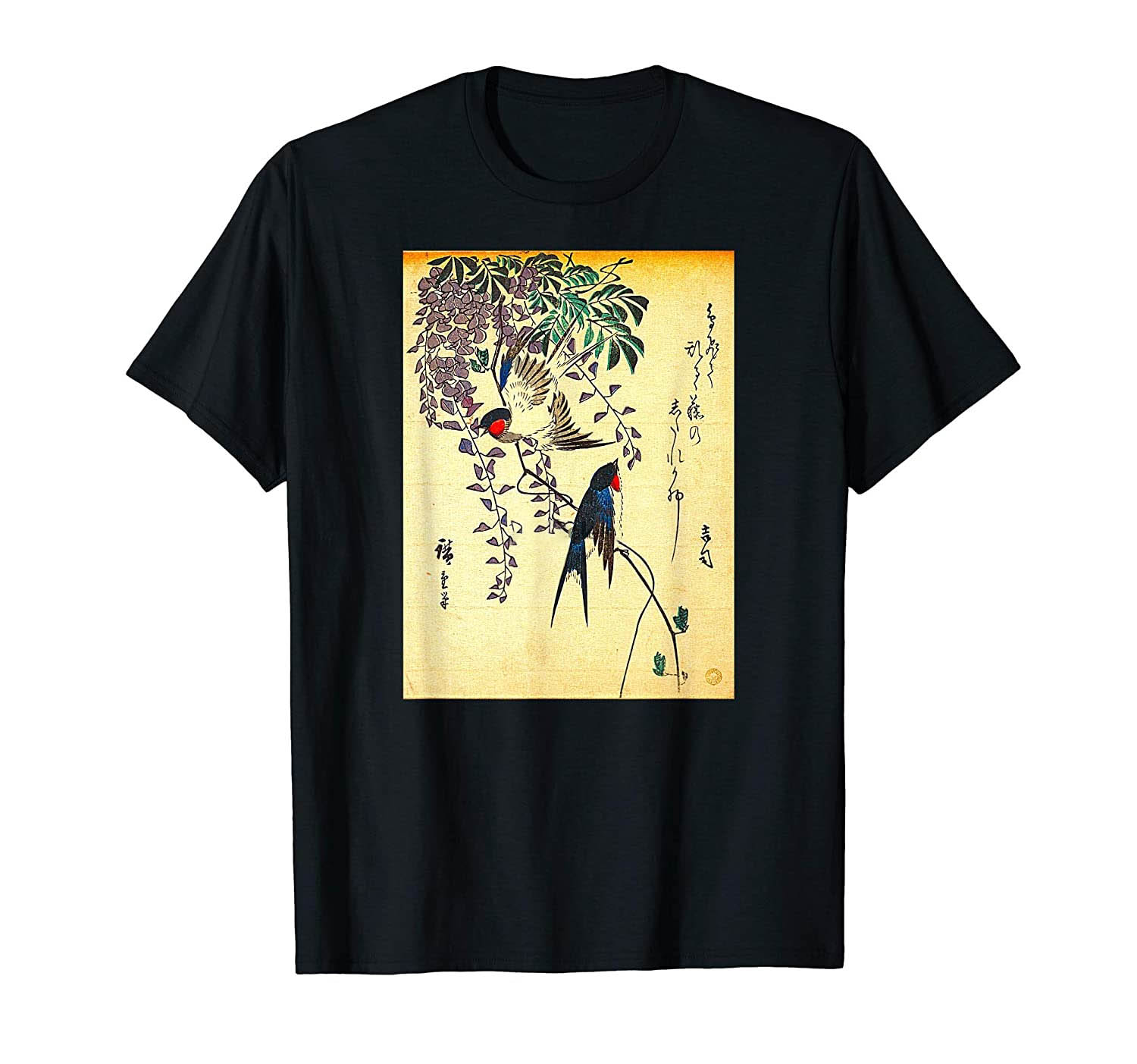 Vintage Famous Japanese Woodblock Art Swallow and Wisteria T-Shirt Men Cotton Tshirt Tees Tops Harajuku Streetwear