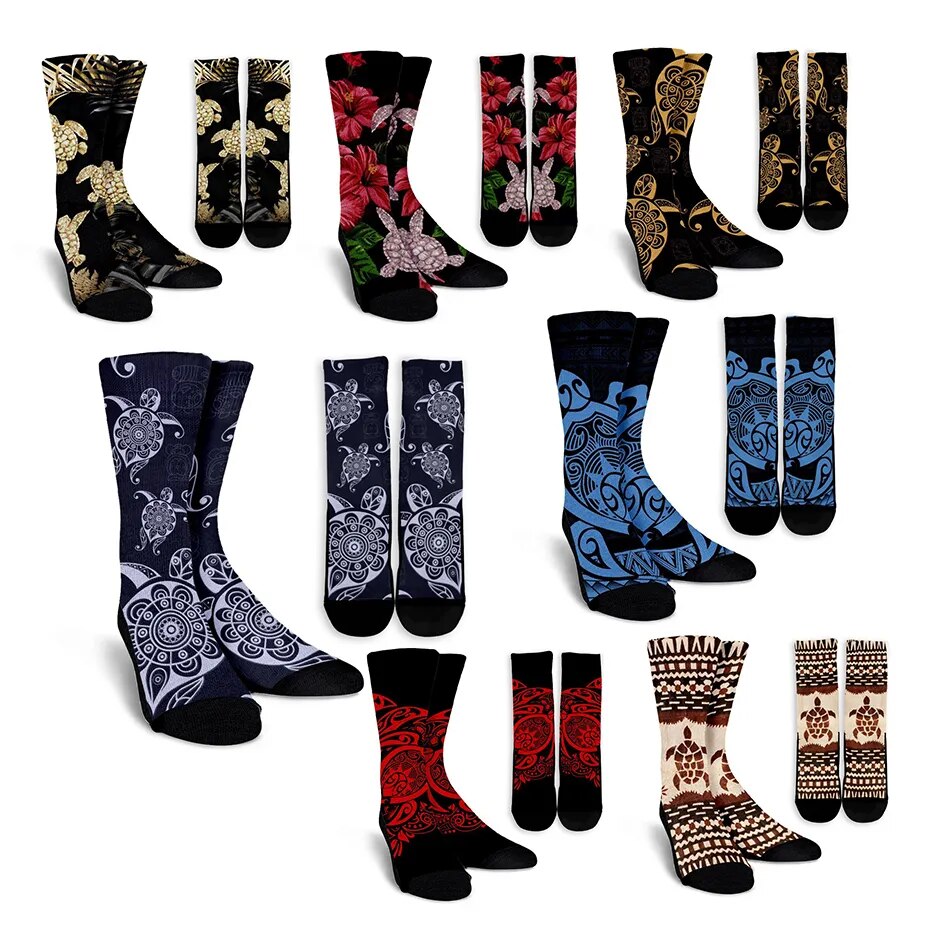 3DPrinted Character Tribal Turtle Hibiscus Unique Funny Women/Men Unisex Newfashion High Long Socks Calcetines Hombre 2021 -1