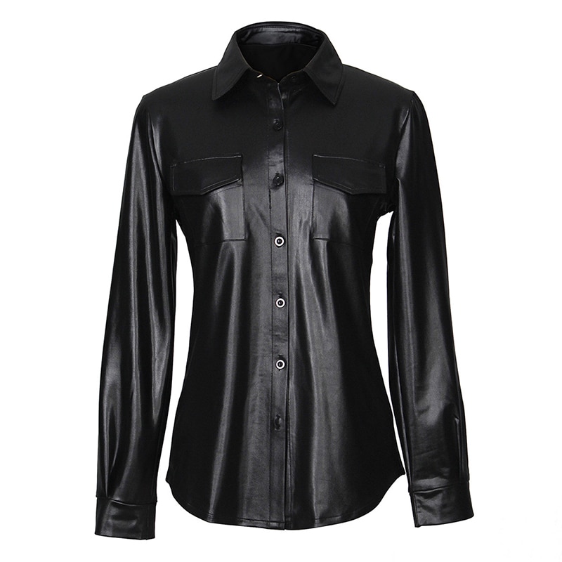 Nightclub Women's Sexy Women's PU Leather Long Sleeve Shirt Blouse Lady Fashion Striped Casual Top Shirt Elegant Busin