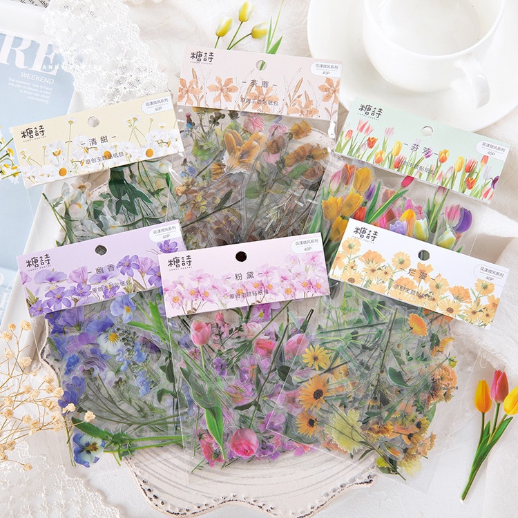 40 PCS PET Waterproof Fresh Flower Daisy Mushroom Plant Decorative Stickers for Scrapbook Envelop DIY Art Crafts Album Journal