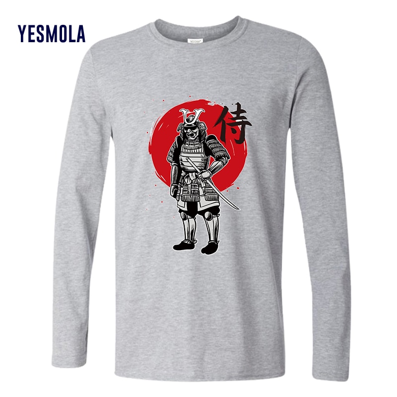 YESMOLA Japanese Samurai Graphic Tees Autumn 100% Cotton Long Sleeve T-shirt for Men Cartoon T-shirt Unisex Harajuku Tshirt Male