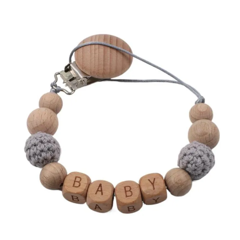 Handmade Personalized Name Wood Baby Pacifier Clip Crochet Beads Pacifier Chain Holder Baby Safe Teether