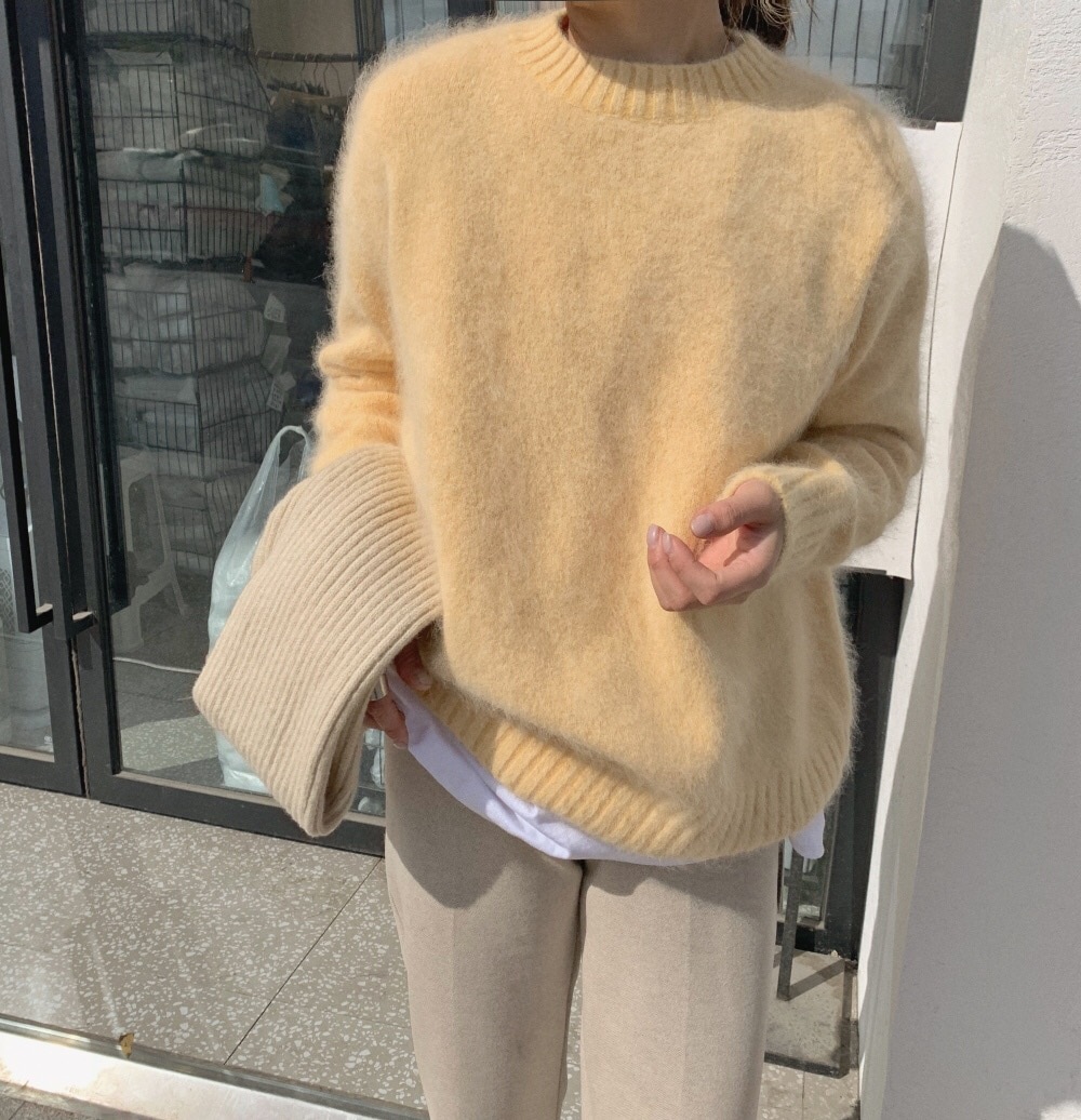 WTIANYUW New Korean Women Yellow Mink Cashmere Sweater Tops Fashion Autumn Winter Long Sleeve Knitted Soft Loose Pullovers Chic