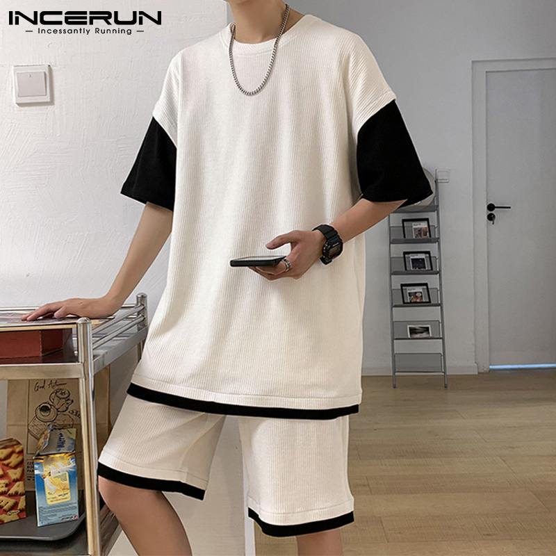 INCERUN 2021 All-match New Young Stylish Men Sets Fashion Wear Short Sleeve T-shirts Short Patchwork Stylish Clothes Suits S-5XL