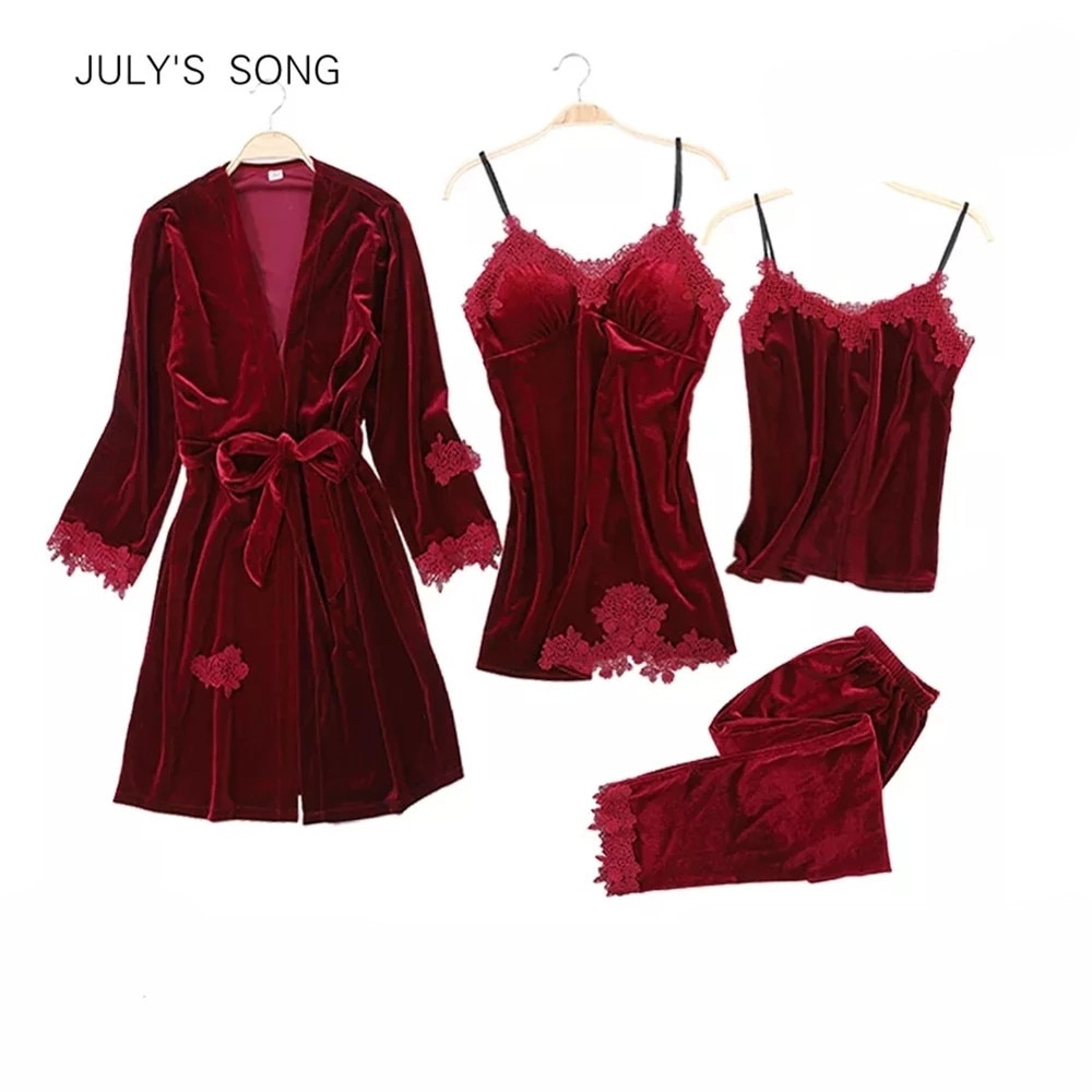 JULY'S SONG Women Winter Velvet 4 Piece Sexy Pajamas Set Dressing Gown Lace Sling Shorts Warm Robe Sleepwear