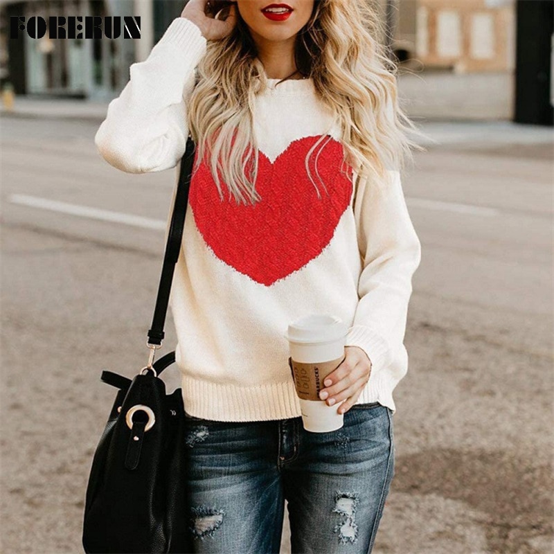 FORERUN Heart Sweater Women Cute O Neck Twist Pullovers Autumn Winter Pull Femme Long Sleeve Top Factory Supply Dropshipping