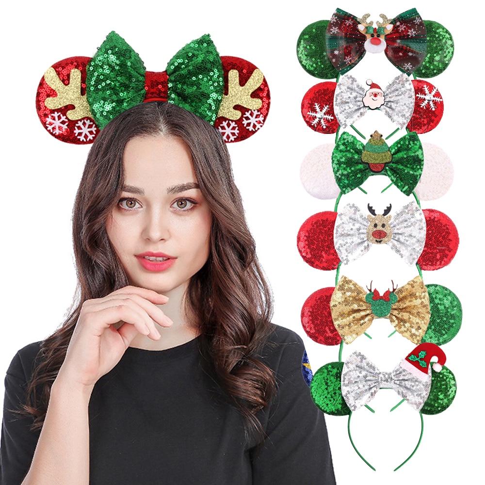 Glitter Christmas Hair Bows Minnie Mouse Ears Headband Girls 5'' Bow sequin Hairband Holiday Party Cosplay Adult/Kids 