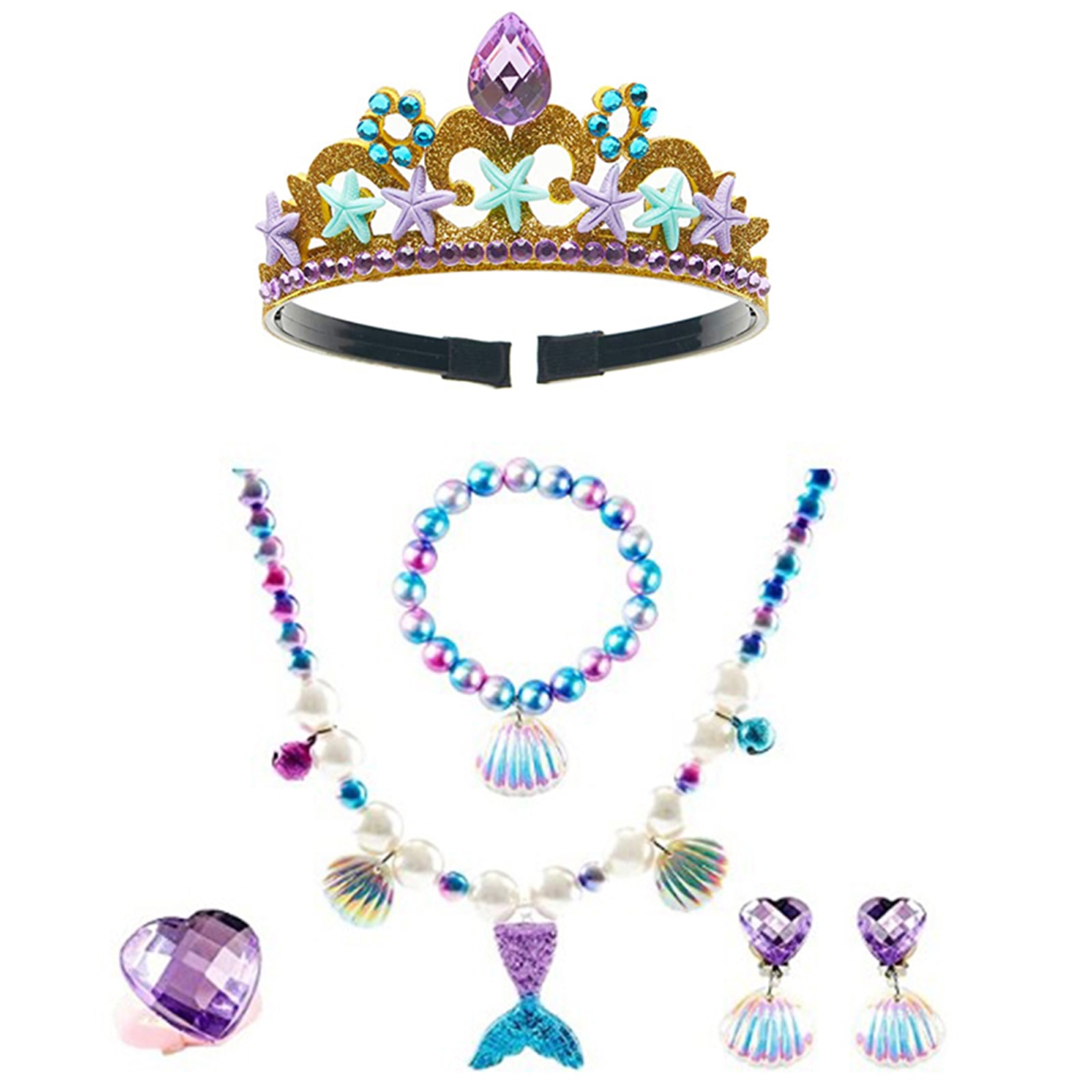 5Pcs Purple Cosplay Decoration Girl Mermaid Tail Pendant Pearl Necklace Bracelet Ear Clip Ring Accessory Girl Birthday Gift