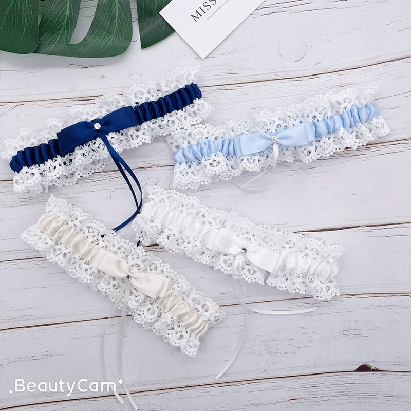 Blue Lace Leg Garter Belt Floral Rhinestone Bow Garter Sexy Bridal Wedding Garter Princess Cosplay Gift for Bride Something Blue