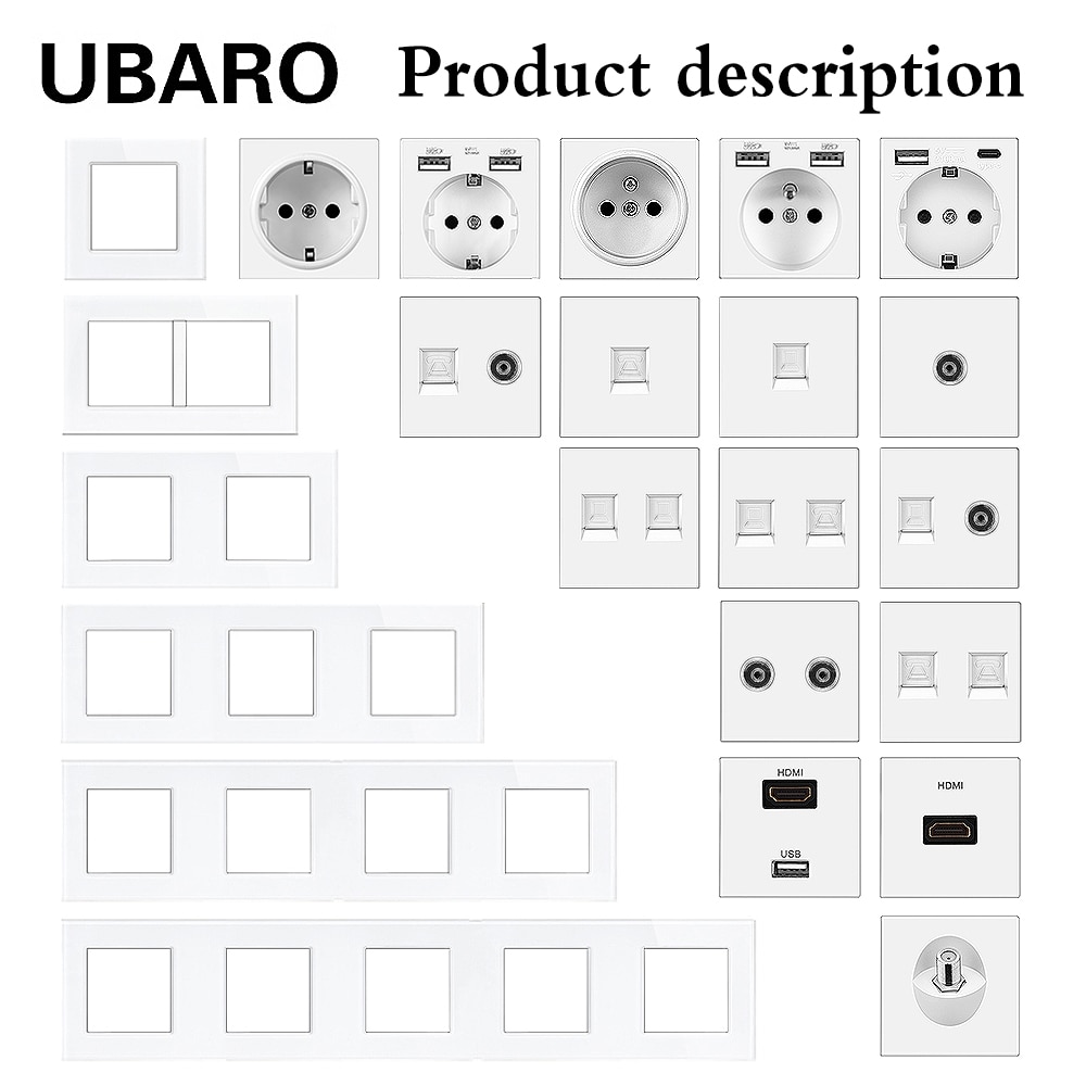 UBARO White Socket USB 5V 2100mA RJ45 /RJ11/TV /HDMI Induction Led Foot Lamp Multi Types Module Size 52*52mm DIY Installation